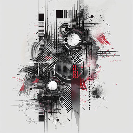 Futuristic flat tattoo sketch of digital chaos patterns in metallic silver