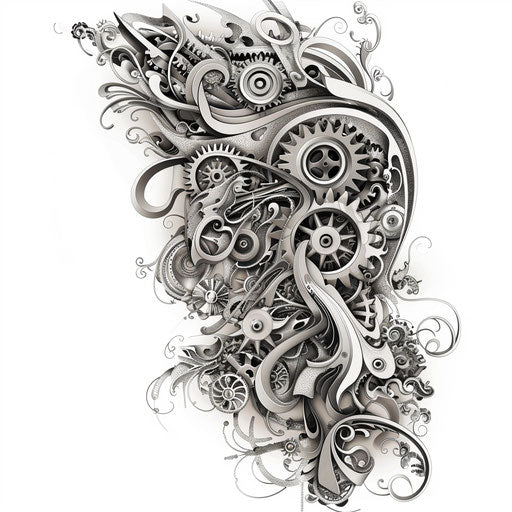 Abstract mechanical tattoo design with swirling gears and metallic shades, presented on a white background