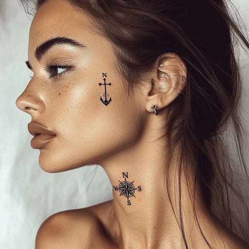 Face tattoos for women with delicate anchor and compass