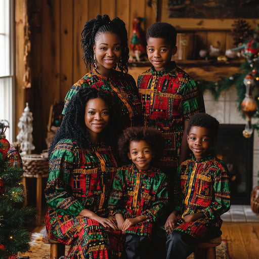 Warm family portrait in red, green, and black for Kwanzaa