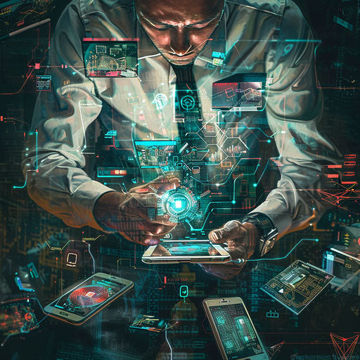 Businessman interacting with high-tech gadgets