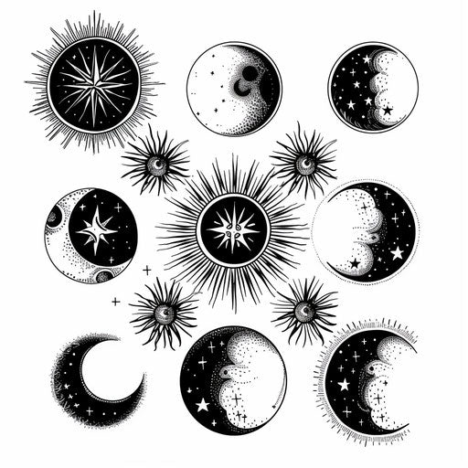 Flat tattoo sketch of celestial clipart style moon phases in silver and black