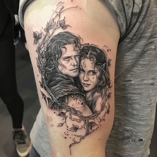 Couple tattoo of epic fantasy lovers
