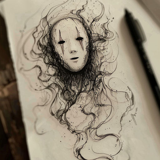 Dynamic flat tattoo sketch of No-Face with abstract, swirling ink clouds
