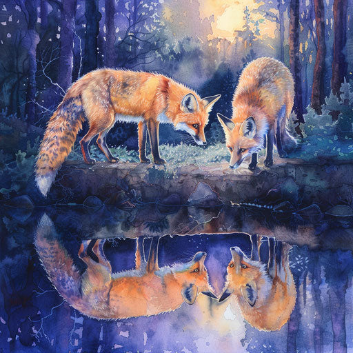 Twilight reflections of foxes on pond