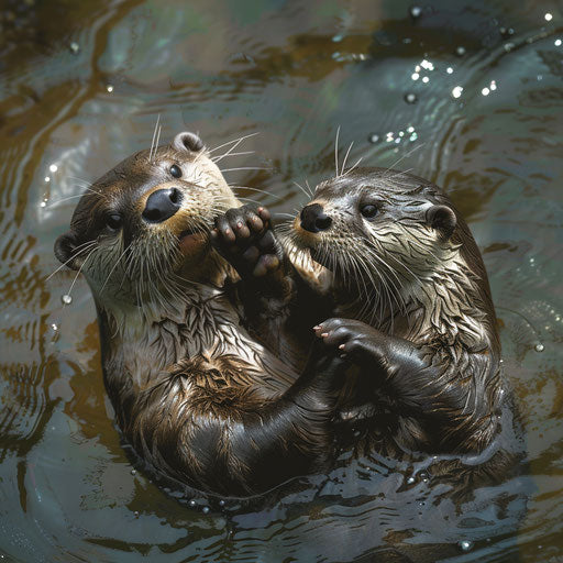 Otters holding paws in the river current