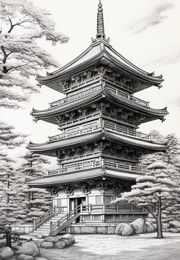 Japanese temple tower sketch, realistic graphite drawing style