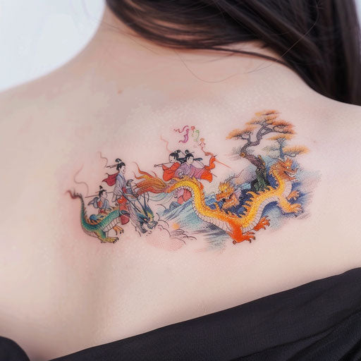 Colorful Korean folklore scene in a tattoo