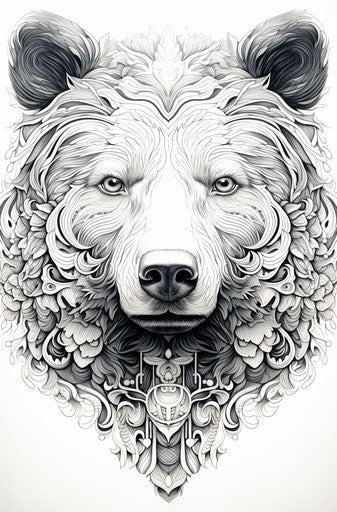 Drawing of a bear tattoo in the style of intricate black and white illustrations