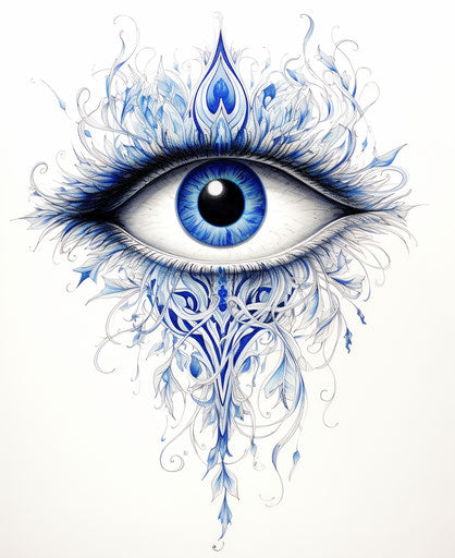 Intricate drawing of an eye on white background, foliage style, tattoo trompe l'oeil asymmetrical design