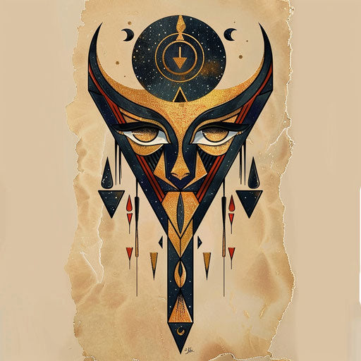 Egyptian hieroglyph style tattoo sketch for 666, with gold and sand colors