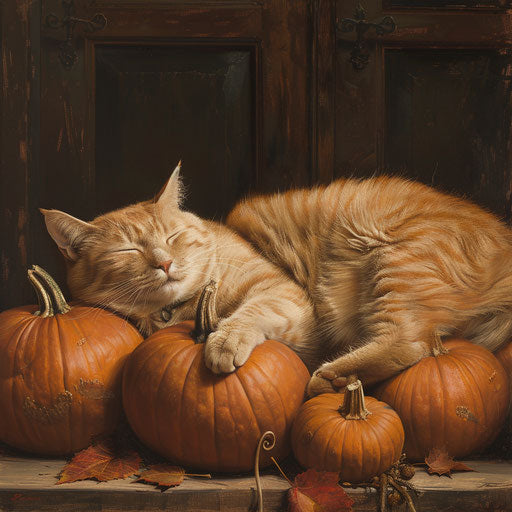 Chubby cat relaxing with pumpkins