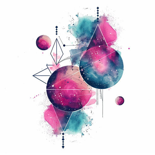 Abstract galaxy tattoo illustration with geometric shapes forming a cosmic scene