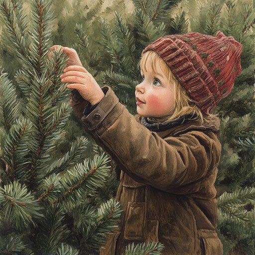 A child's first visit to a Christmas tree farm, wide-eyed wonder as they touch the needles and smell the pine scent.