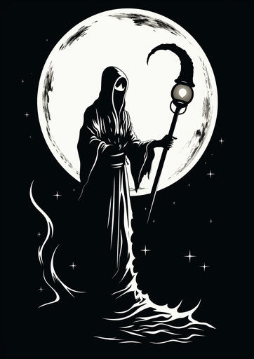 Ghost with scythe and lantern, religious symbolism style