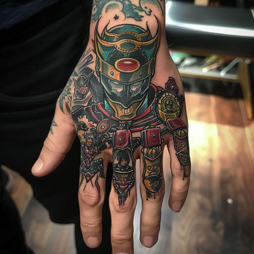 Hand tattoo for men with dynamic superhero symbols, in the style of Humberto Ramos