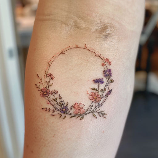 Wildflower wreath tattoo, circular design, soft pinks and purples, delicate lines