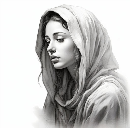 Beautiful woman drawing, carved religious icons, black white