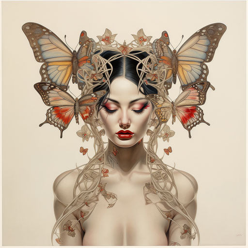 Gold butterfly tattoo design framed in geisha style