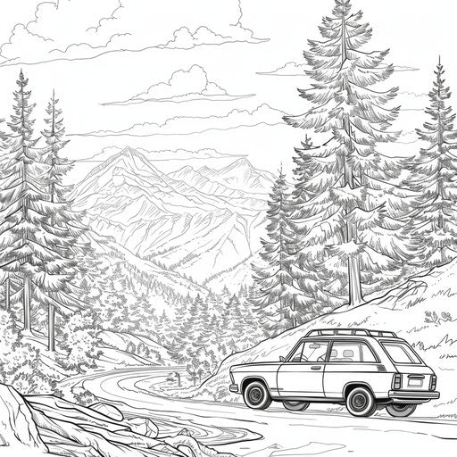 Car driving in mountain landscape with tall trees