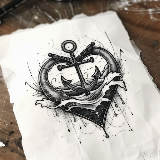 Black heart with anchor and ocean waves
