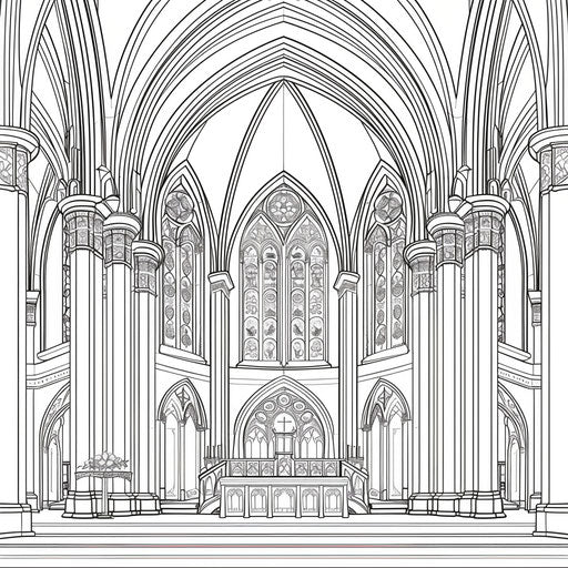 Detailed illustration of a grand cathedral with stained glass windows. Coloring book page