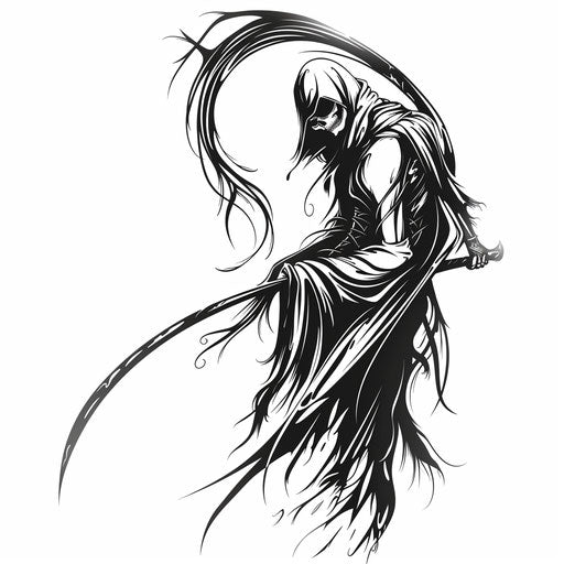 Reaper holding scythe, dark moody tattoo design on bright white background