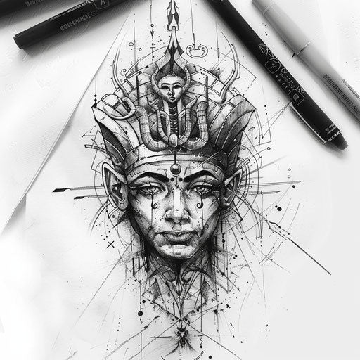 Flat tattoo sketch of a pharaoh with mystical symbols
