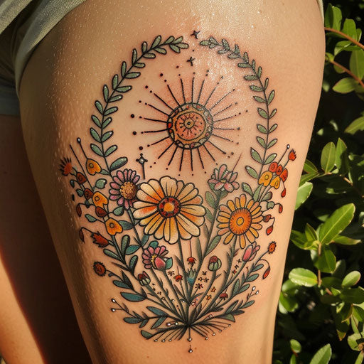 Wildflower tattoo with sun, warm colors, detailed rays, cheerful design