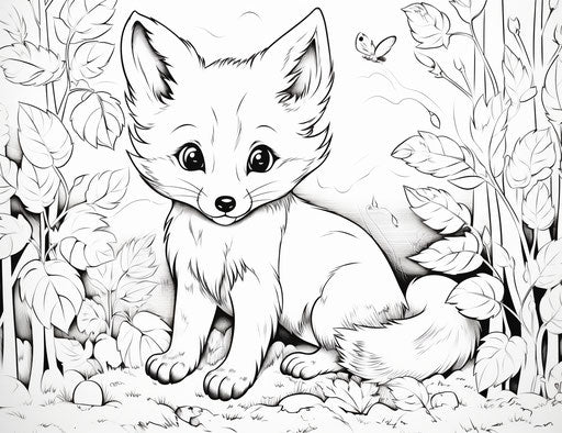 Fox coloring page in leaves, kawaii style