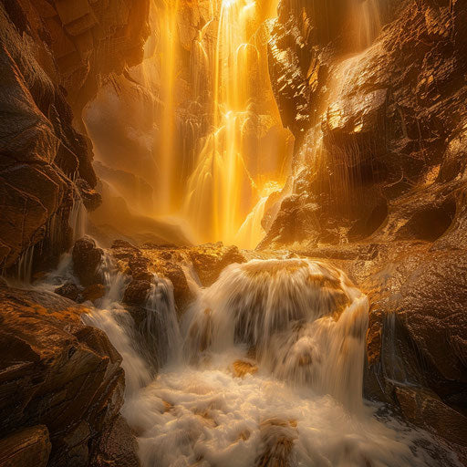 Ruby Falls with golden light and cascading water