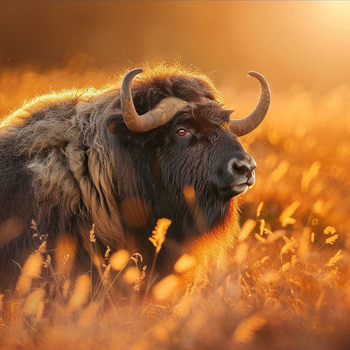 Musk ox with soft lighting in natural habitat in Roeselien Raimond style