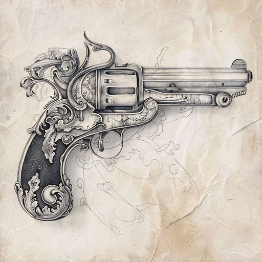 Vintage dueling pistols design on aged white paper