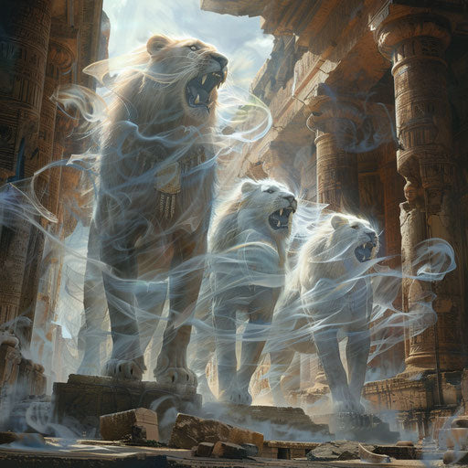 Ghostly lions in ancient ruins