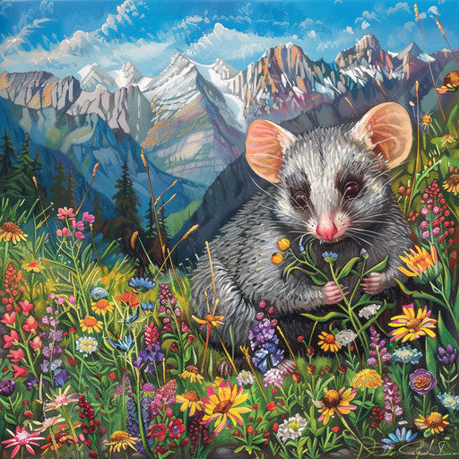 White-tail possum exploring a meadow with wildflowers