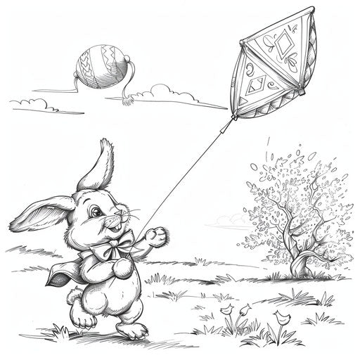 An Easter bunny flying an Easter egg shaped kite in a sunny park. Coloring book page