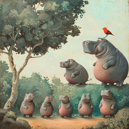 Whimsical scene: hippos gather to listen to a bird's song