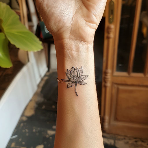 Tiny wrist tattoos of a lotus flower, in the style of Maria Sibylla Merian