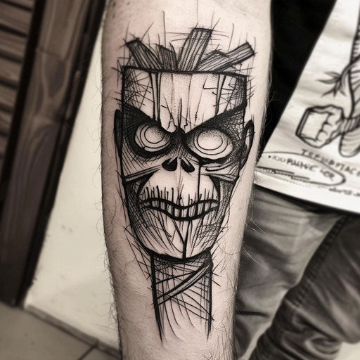 Bold flat tattoo sketch of a shrunken head with dramatic shading