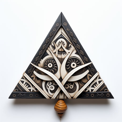 Origami triangle with black and white maori-style designs