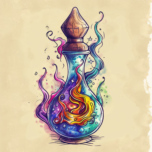 Dynamic sketch of a potion bottle with bubbling colorful liquid