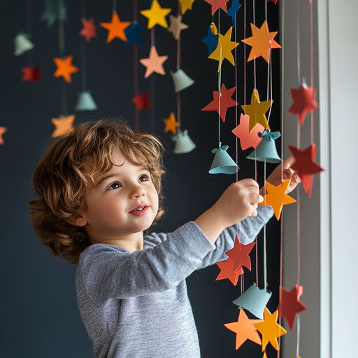Child assisting in hanging a garland of handmade paper stars and bells