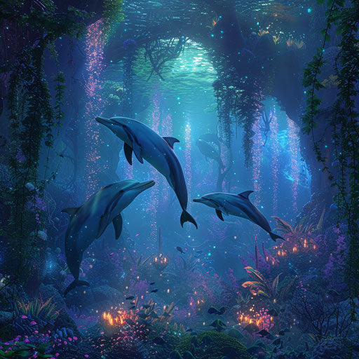Magical underwater forest with dolphins and glowing plants