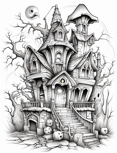 Halloween house coloring page, precise draftsmanship style, captivating 24:31