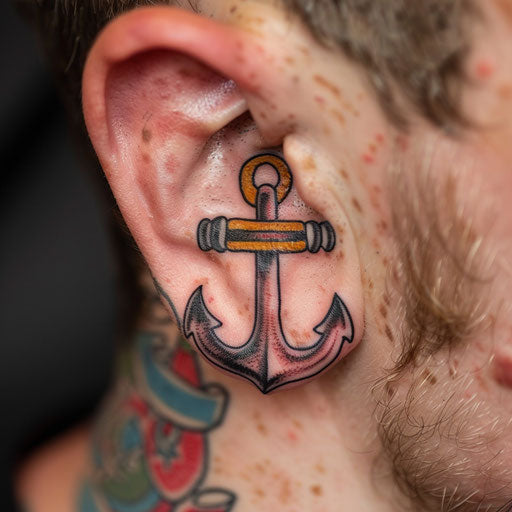 Ear tattoos in the style of Sailor Jerry with nautical anchor