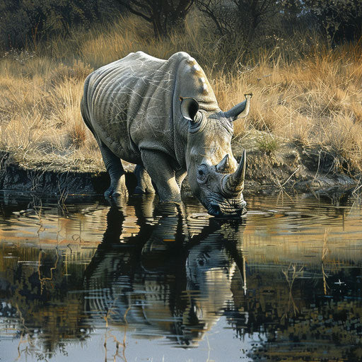 West African black rhino drinking in a serene river