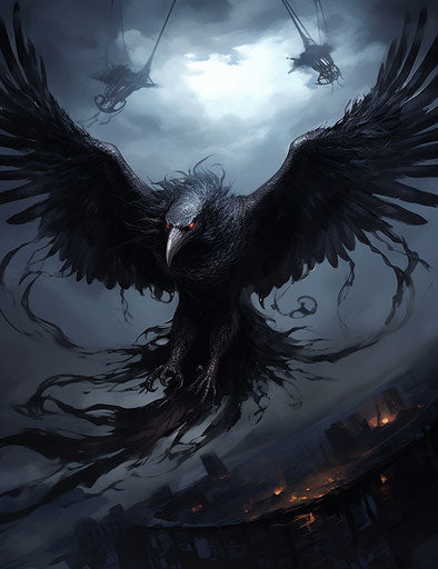 Bird flying in circle, necropunk style, heavy shading, playful yet dark, wiccan, frostpunk 24:31