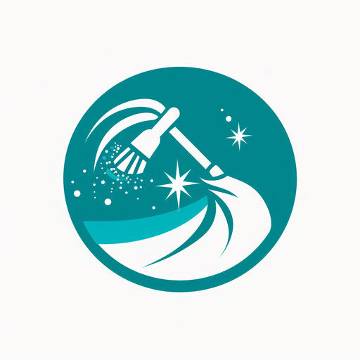 White and teal cleaning company logo on clean background