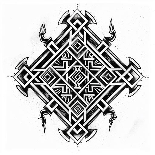 Intricate labyrinth inspired by the myth of the Minotaur, Greek tattoo on white background