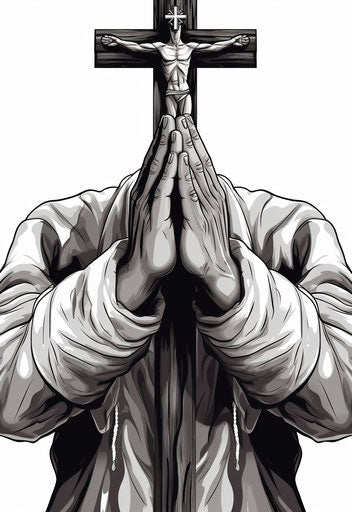 Black and white drawing of a man holding a cross with praying hands